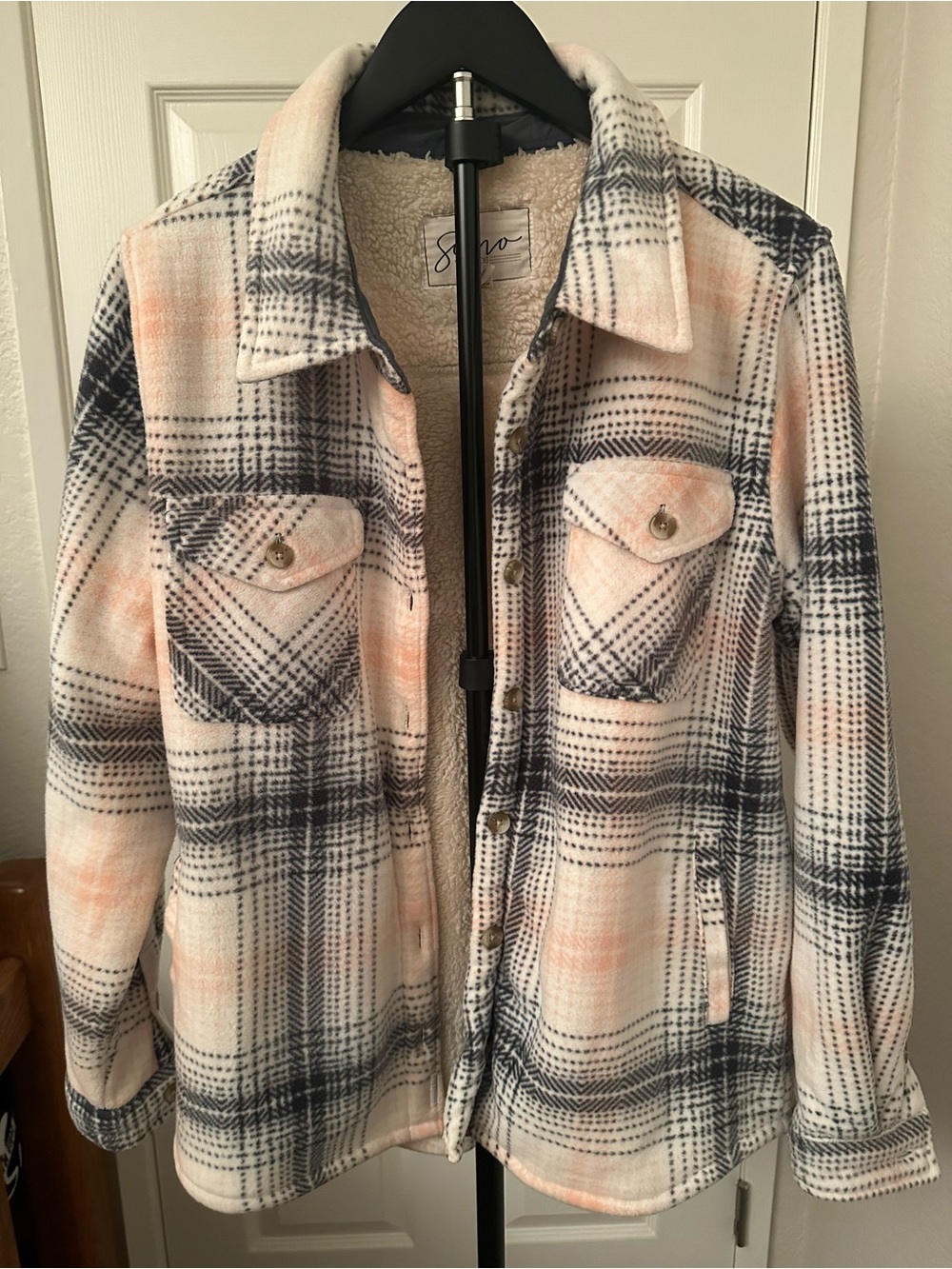 Soho Cream, Peach & Black Plaid Sherpa-Lined Jacket
